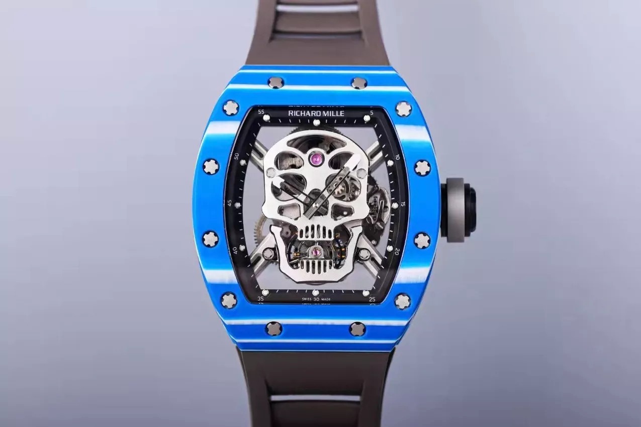 RM 52-01 Skull Black Dial Blue Bezel Black Rubber Strap JB Tourbillon