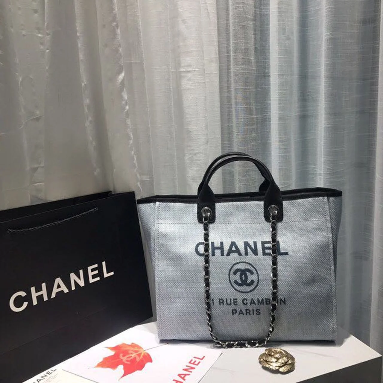 Chanel Deauville Tote Canvas Bag Light Grey For Women, Women’s Handbags, Shoulder Bags 15in/38cm A66941