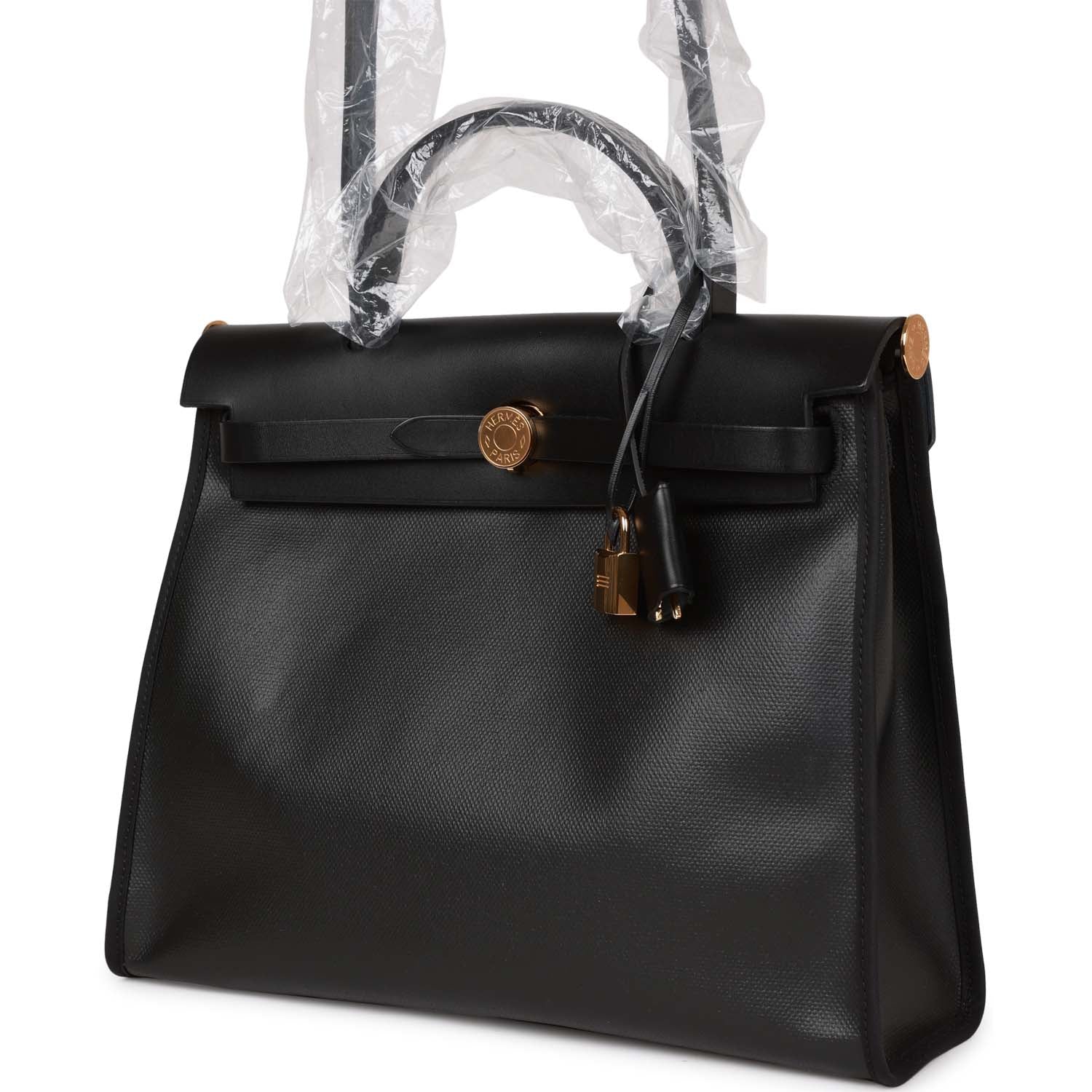 Hermes Herbag Zip PM 31 Black and Ecru Toile H Berline Vache Hunter Gold Hardware