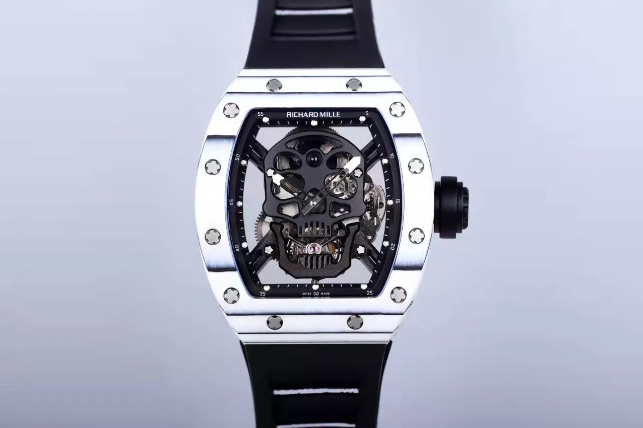 RM 52-01 Skull Black Dial White Bezel Black Rubber Strap JB Tourbillon