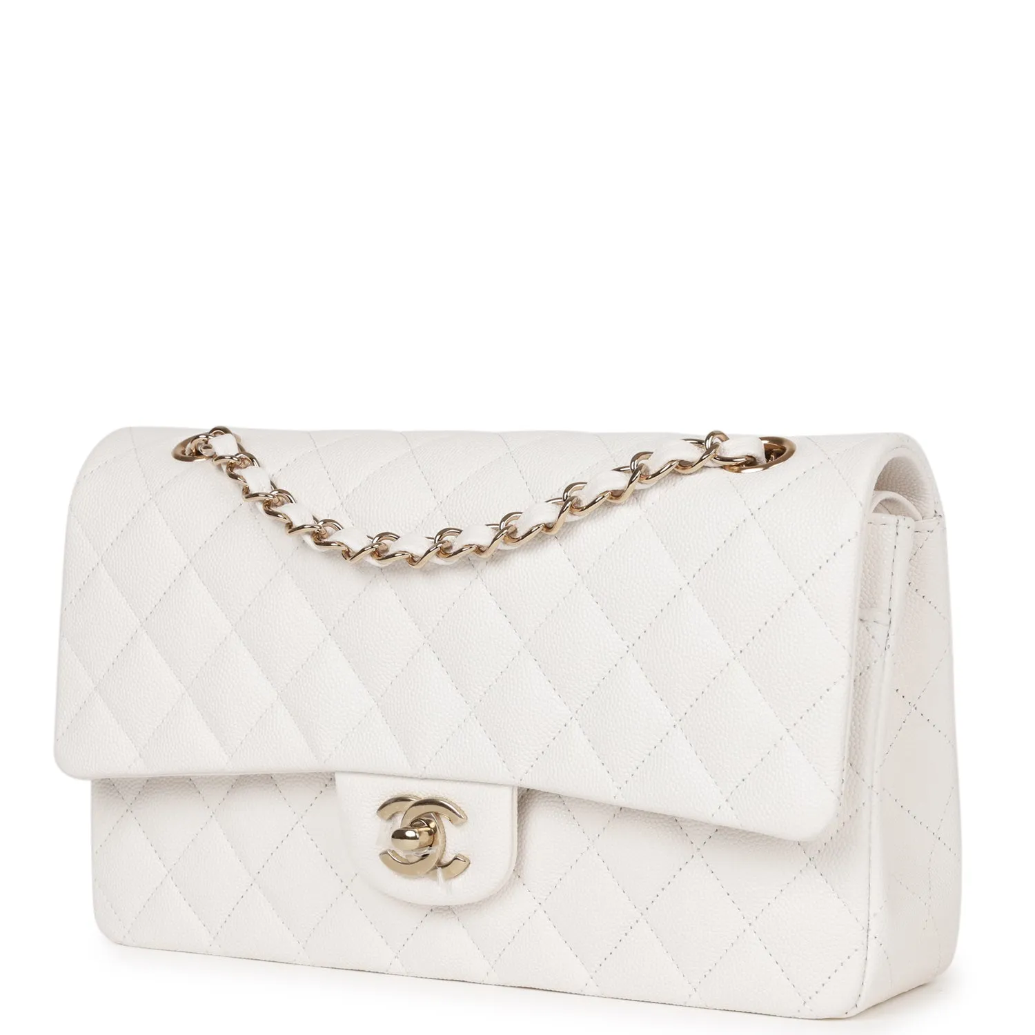 Medium Classic Double Flap Bag White Caviar Light Gold Hardware