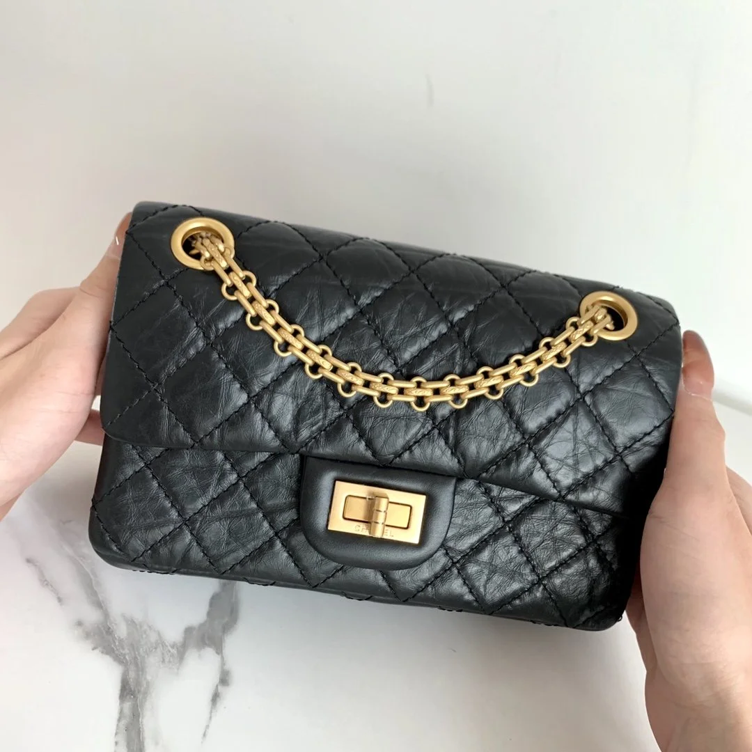 Chanel Mini 2.55 Handbag Black For Women Gold Toned Hardware 7.8in/20cm AS0874 Y04634 94305