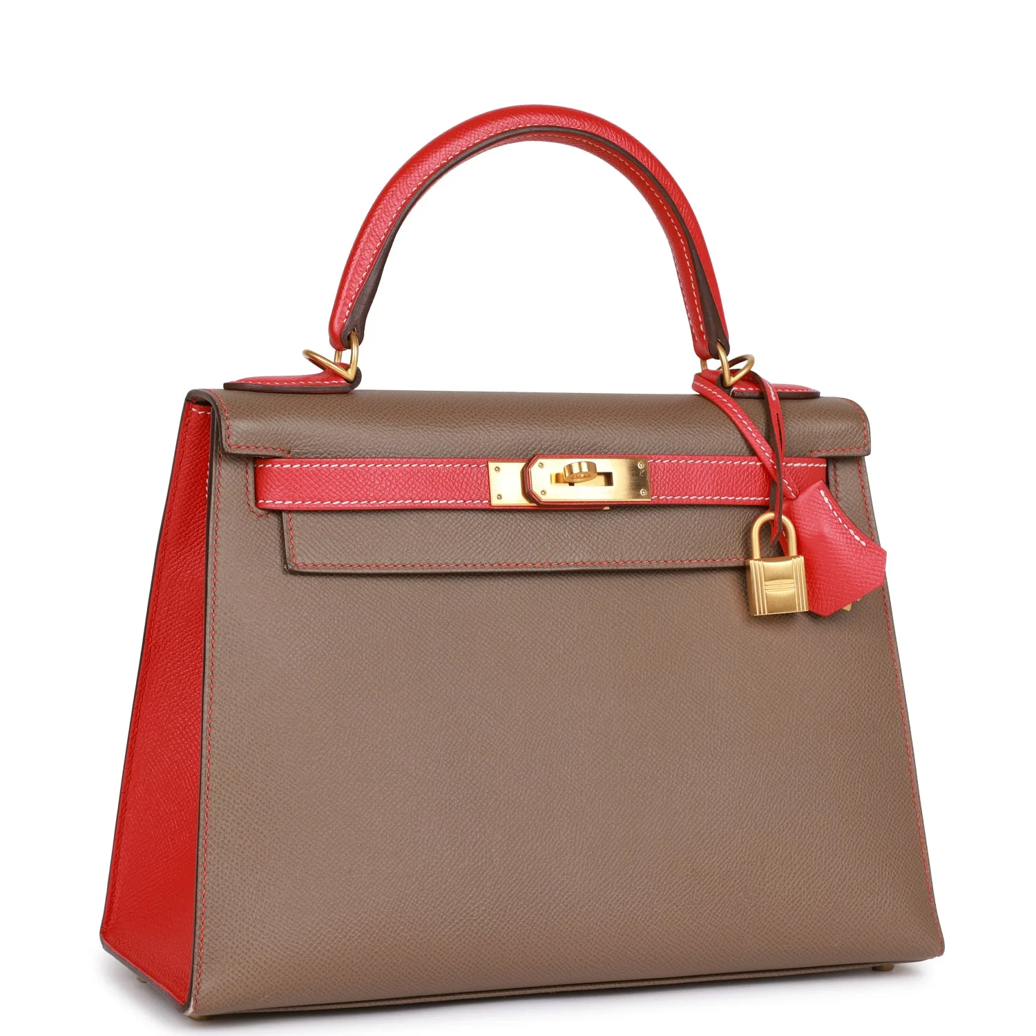 Pre-owned Hermes Special Order (HSS) Kelly Sellier 28 Etoupe and Rouge Tomate Epsom Brushed Gold Hardware