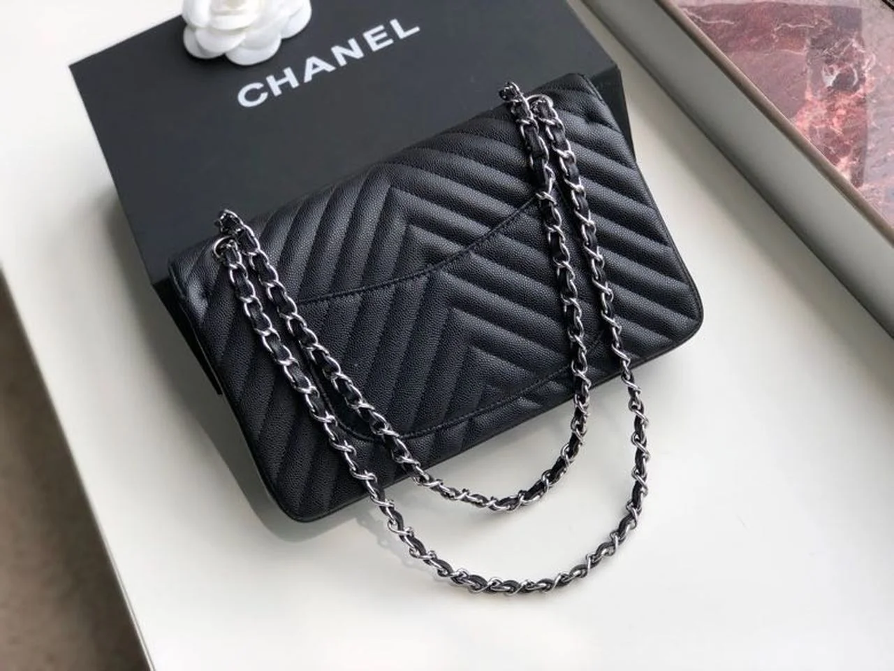Chanel Chevron Classic Handbag Silver Hardware Black For Women, Women’s Bags, Shoulder And Crossbody Bags 10.2in/26cm