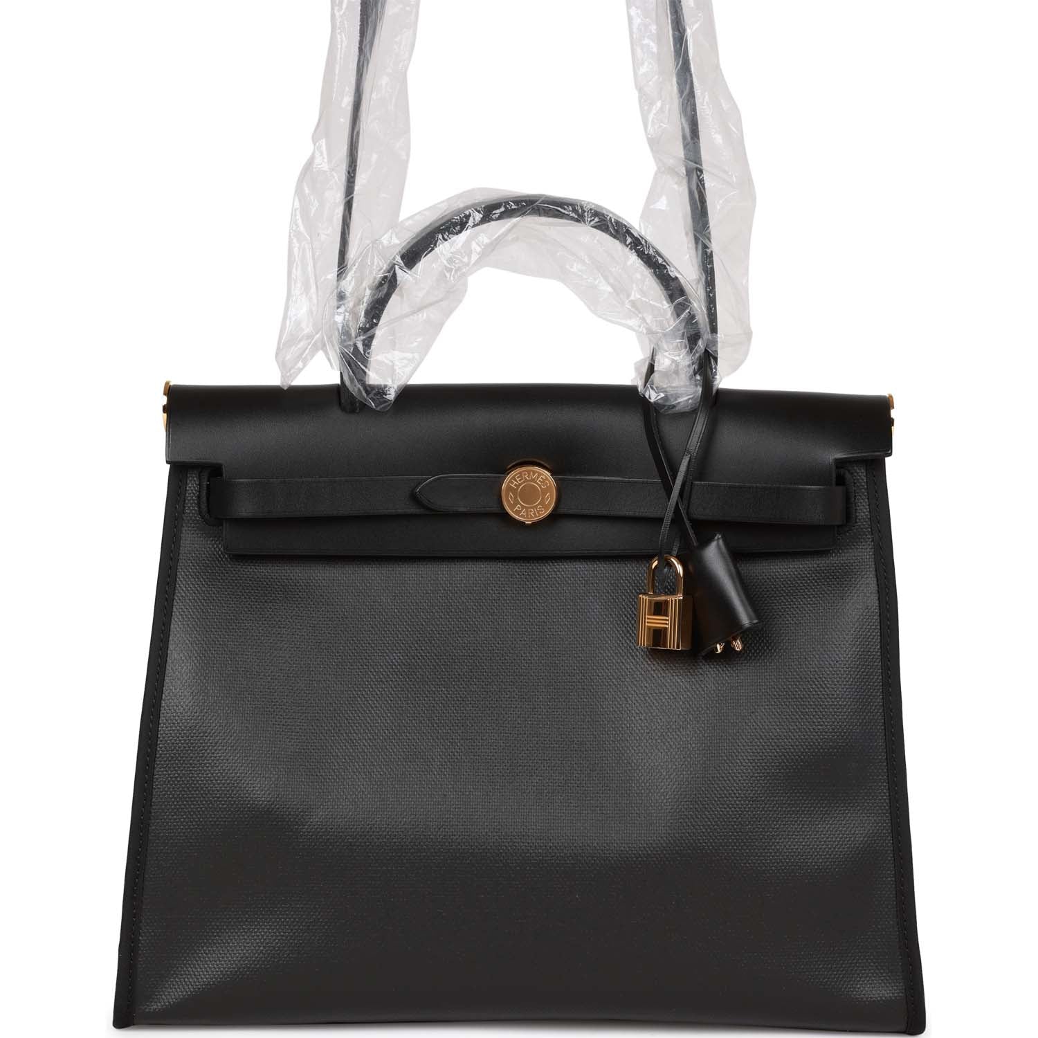 Hermes Herbag Zip PM 31 Black and Ecru Toile H Berline Vache Hunter Gold Hardware