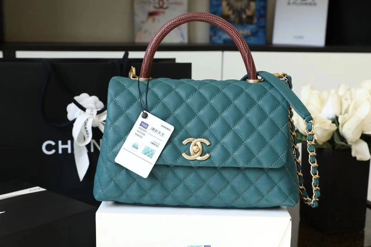 Chanel Large Flap Bag With Top Handle Teal For Women, Womens Handbags, Shoulder And Crossbody Bags 11in/28cm A92991