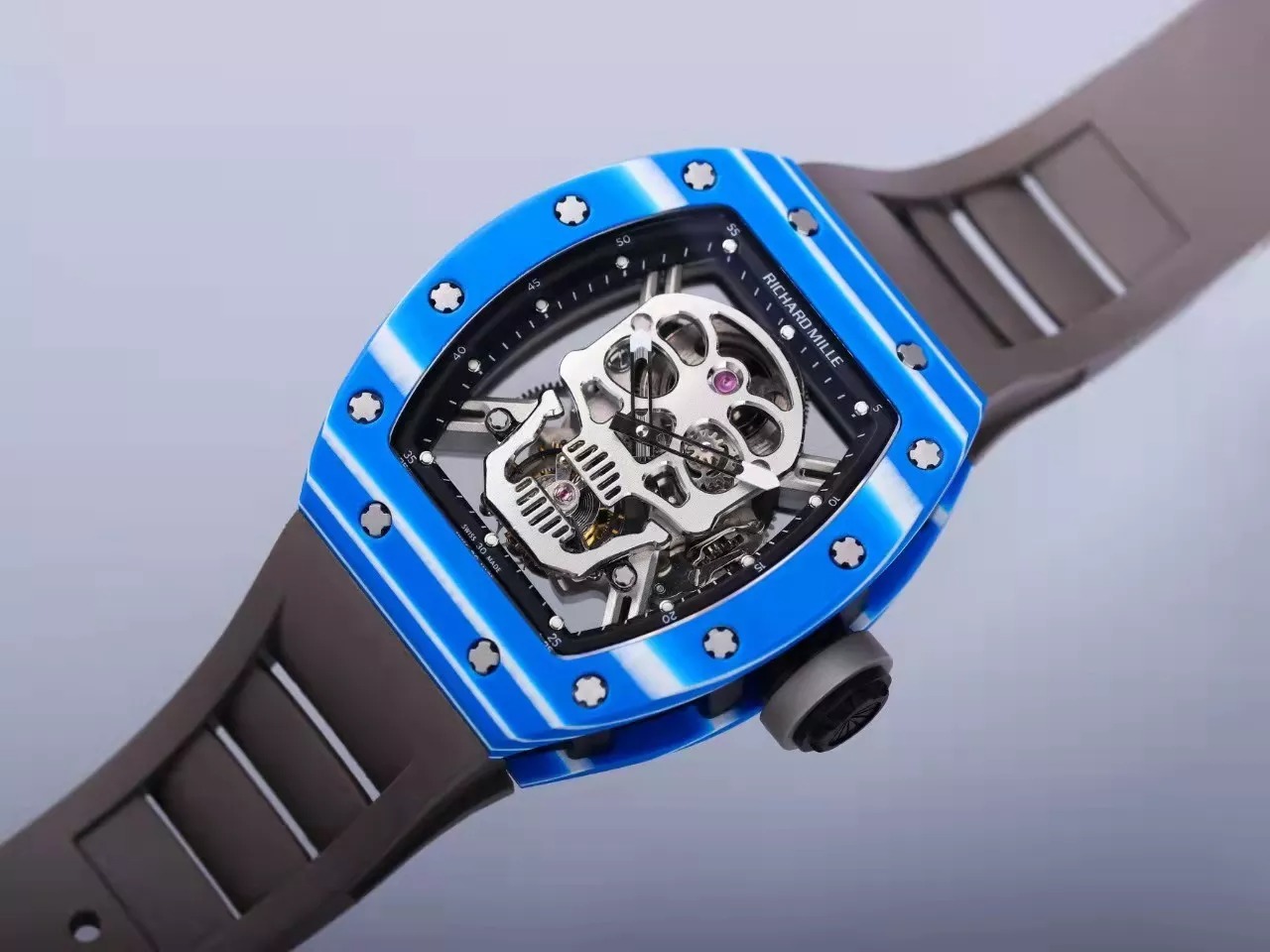 RM 52-01 Skull Black Dial Blue Bezel Black Rubber Strap JB Tourbillon