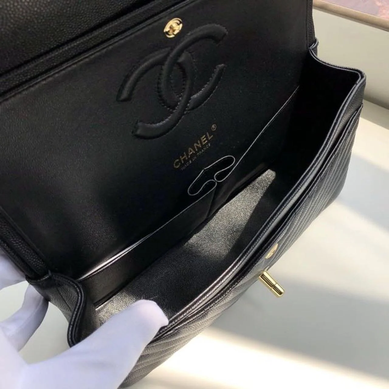 Chanel Chevron Classic Handbag Gold Toned Hardware Black For Women, Womens Bags, Shoulder And Crossbody Bags 10.2in/26cm