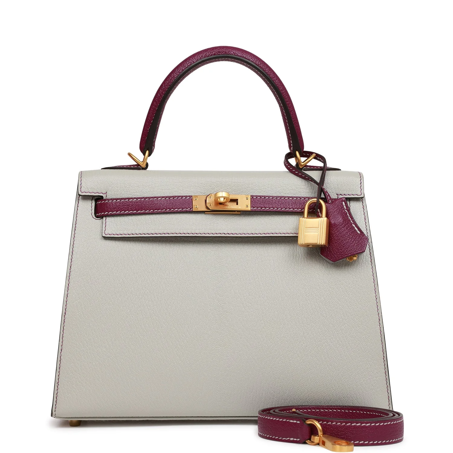 Pre-owned Hermes Special Order (HSS) Kelly Sellier 25 Gris Perle and Anemone Chevre Brushed Gold Hardware