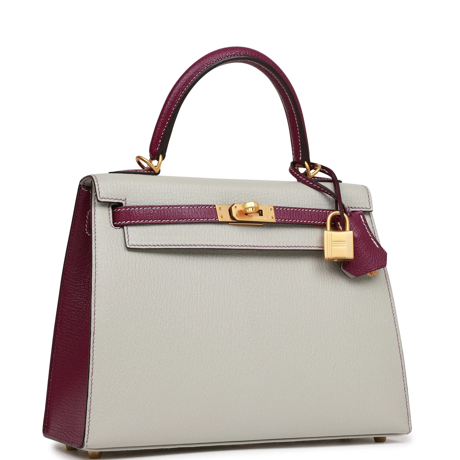 Pre-owned Hermes Special Order (HSS) Kelly Sellier 25 Gris Perle and Anemone Chevre Brushed Gold Hardware