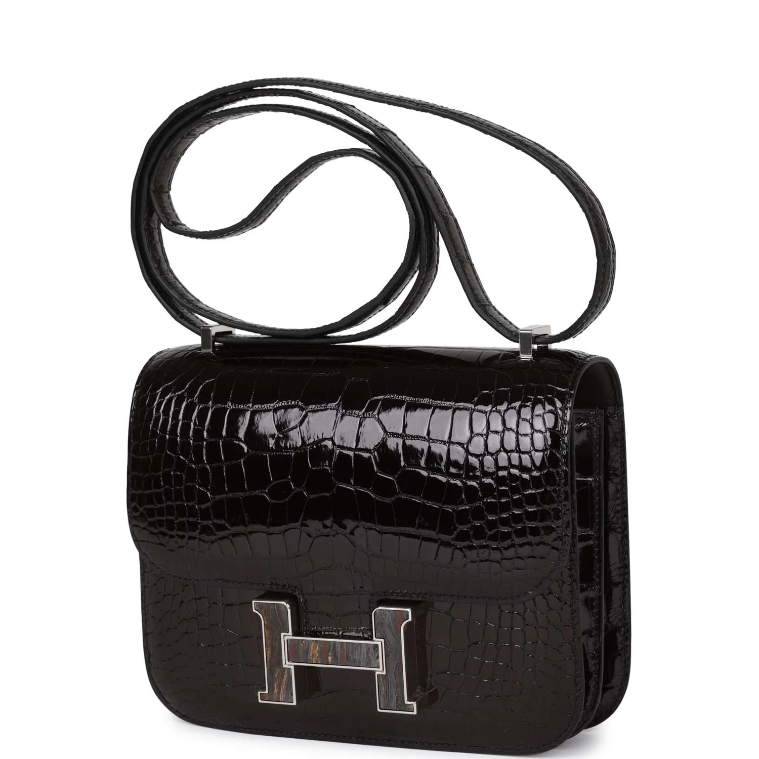 Hermes Constance 18 Black Shiny Alligator Palladium Tiger's Eye Hardware
