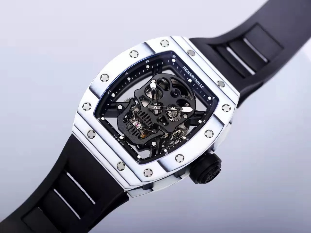RM 52-01 Skull Black Dial White Bezel Black Rubber Strap JB Tourbillon