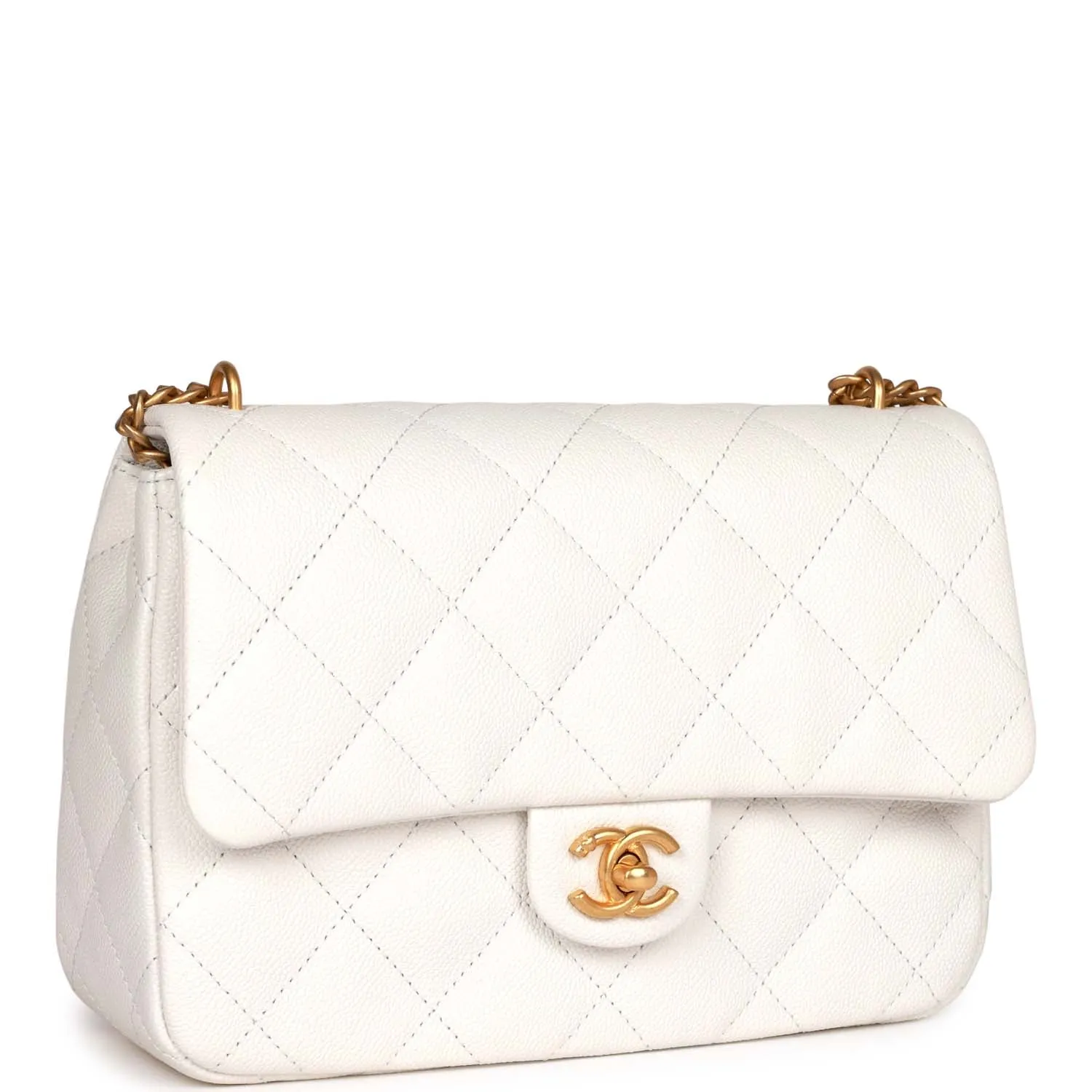 Large Single Flap White Caviar Leather Antique Gold Hardware