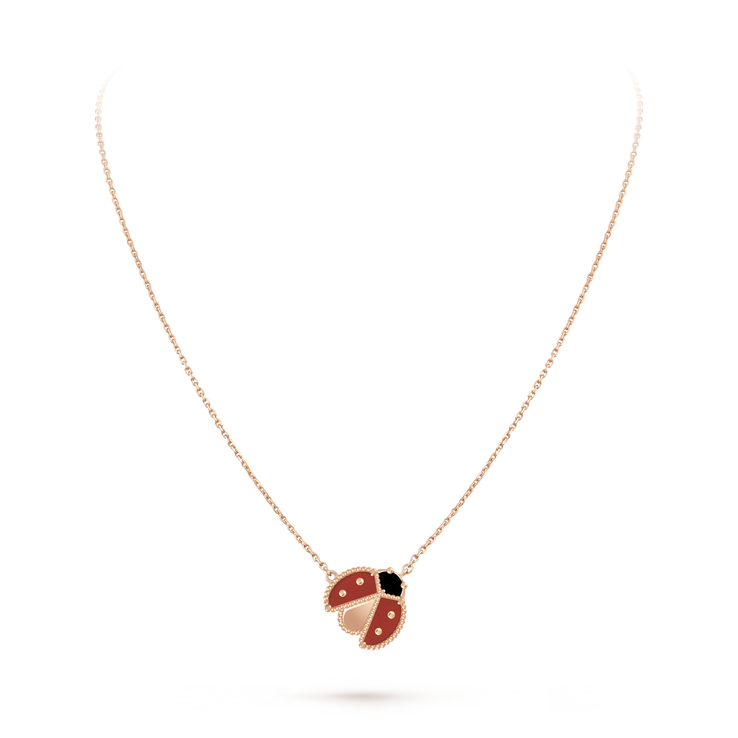 Lucky Spring Necklace, ladybug with spread wings rose gold, carnelian, onyx