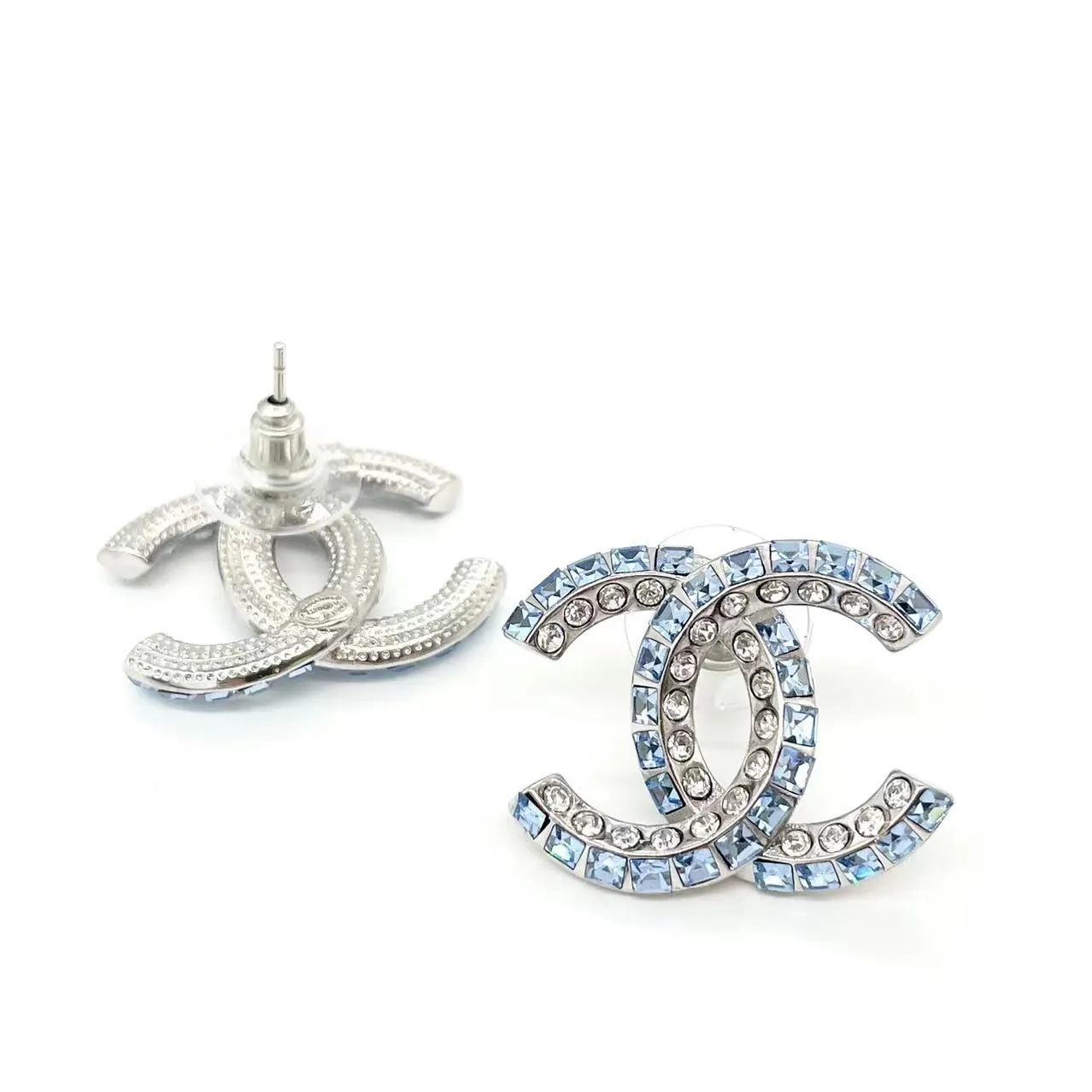 CHANEL Blue Gem Embossed Earrings