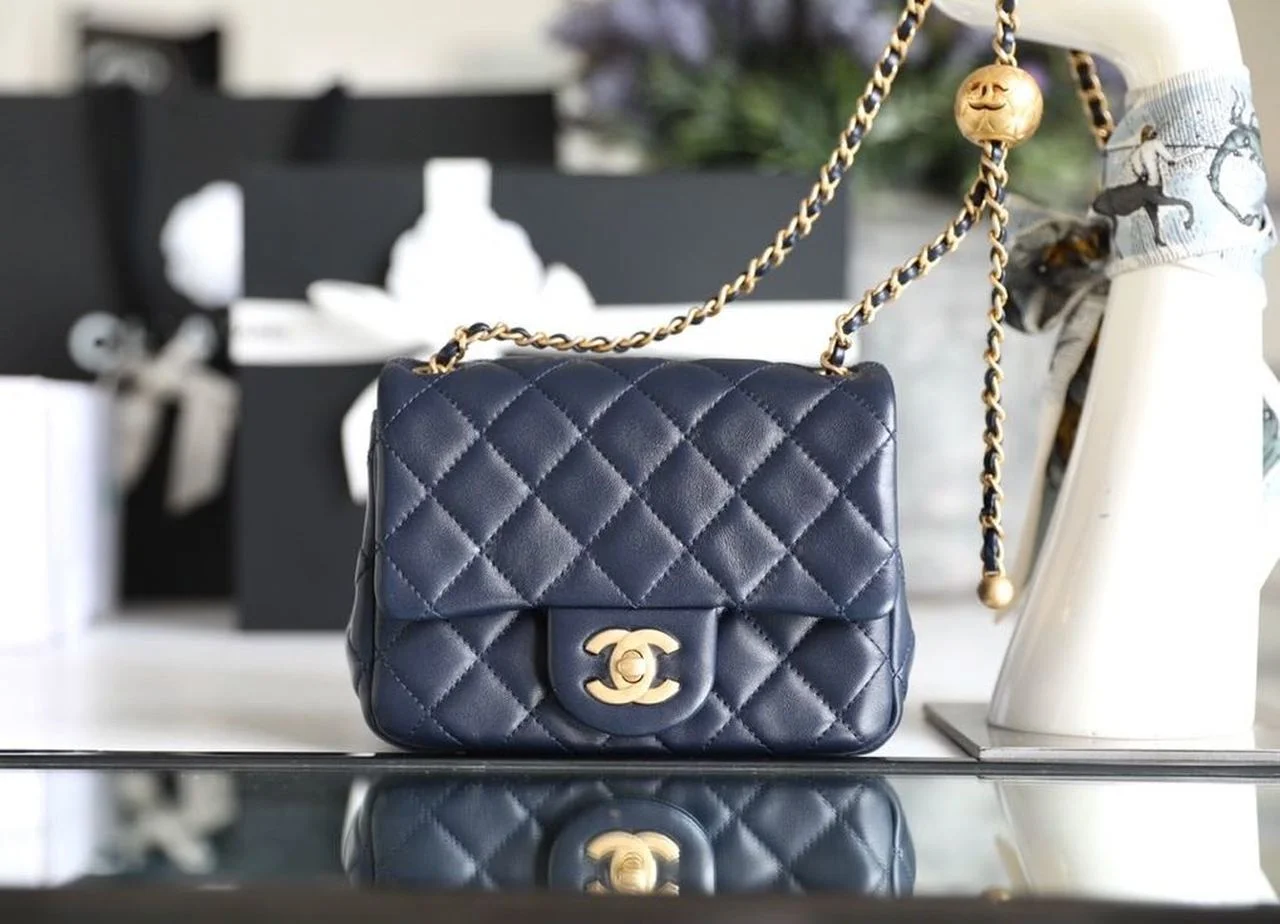 Chanel Mini Flap Bag With CC Ball On Strap Navy Blue For Women, Women’s Handbags, Shoulder And Crossbody Bags 6.7in/17cm AS1786