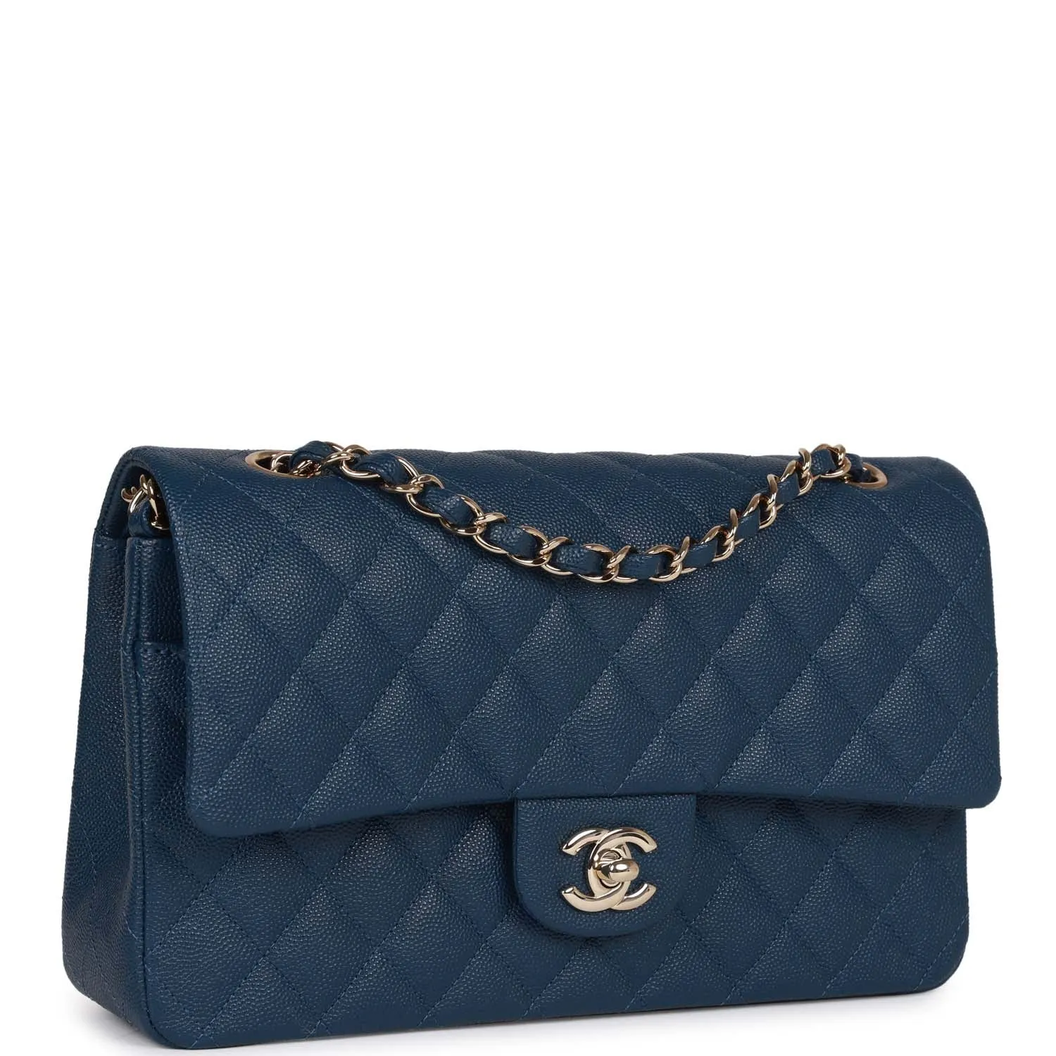 Medium Classic Double Flap Bag Blue Caviar Light Gold Hardware