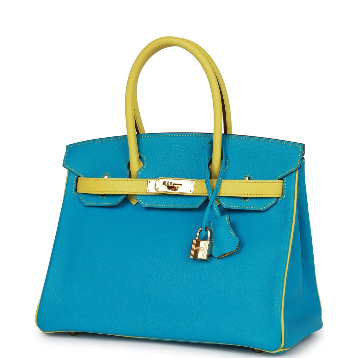 Pre-owned Hermes Special Order (HSS) Birkin 30 Bleu Turquoise and Lime Chevre Gold Hardware