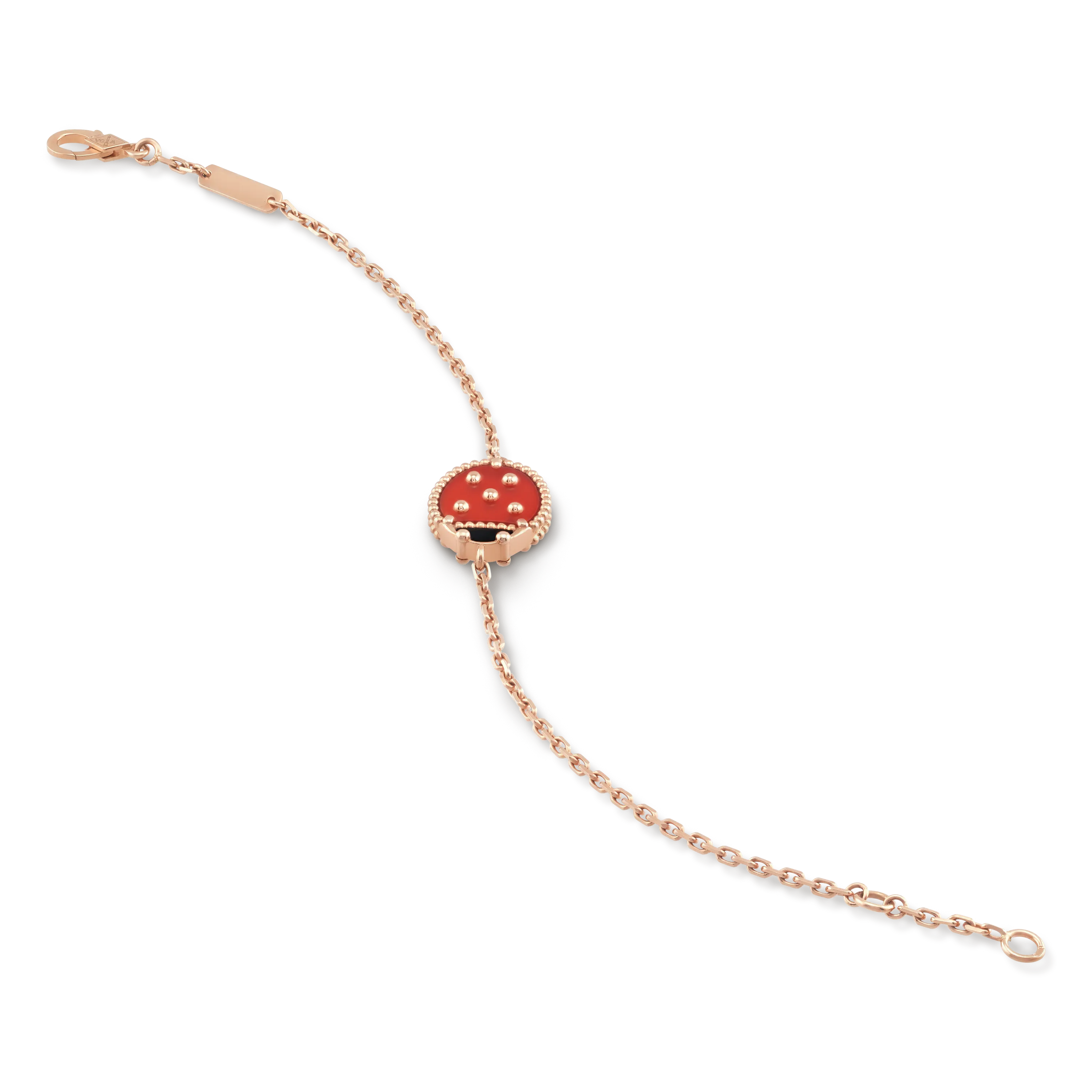 Lucky Spring bracelet, ladybug with closed wings,  rose gold, onyx, carnelian.