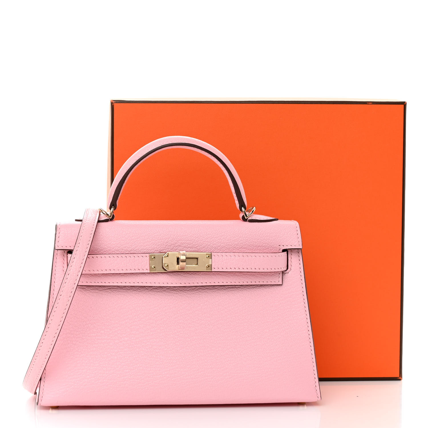 HERMES Chevre Mysore Horseshoe Mini Kelly Sellier 20 Rose Sakura Gris Perle