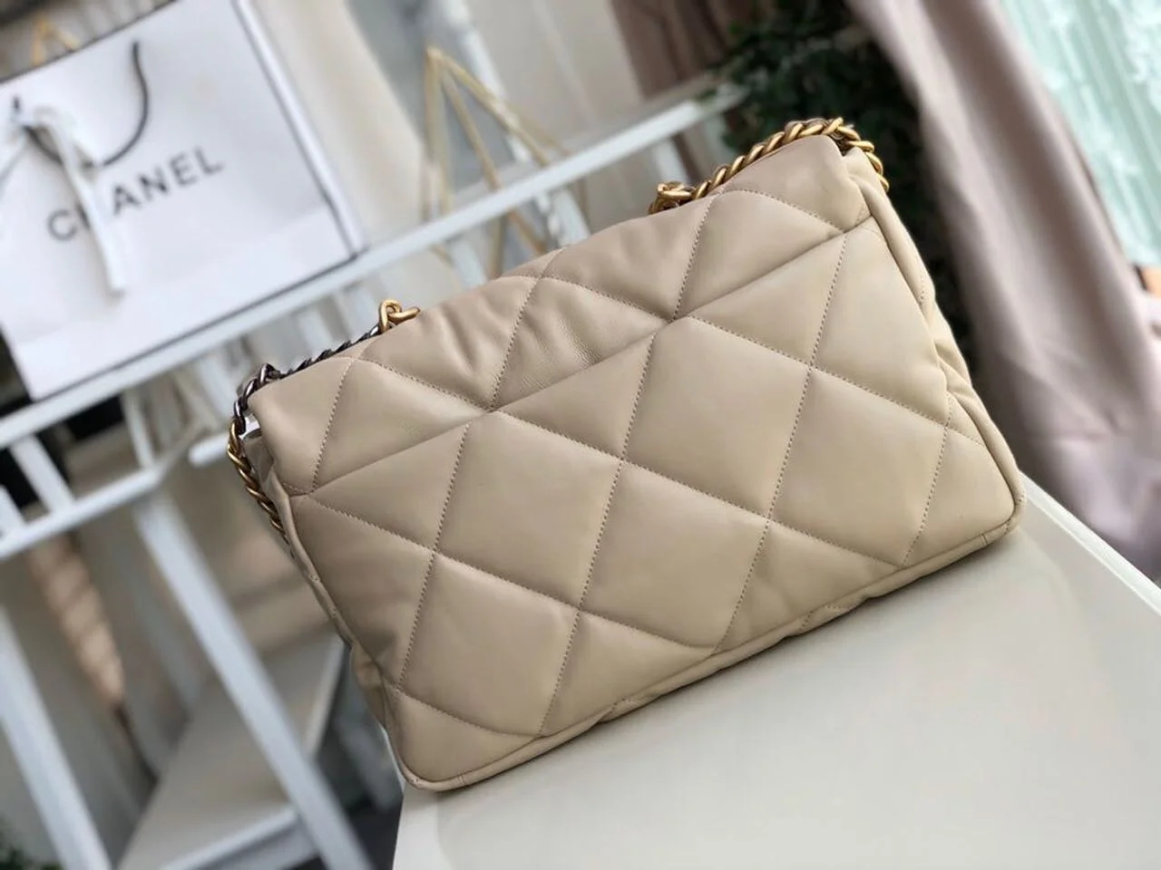 Chanel 19 Maxi HandBag Beige For Women 14in/36cm