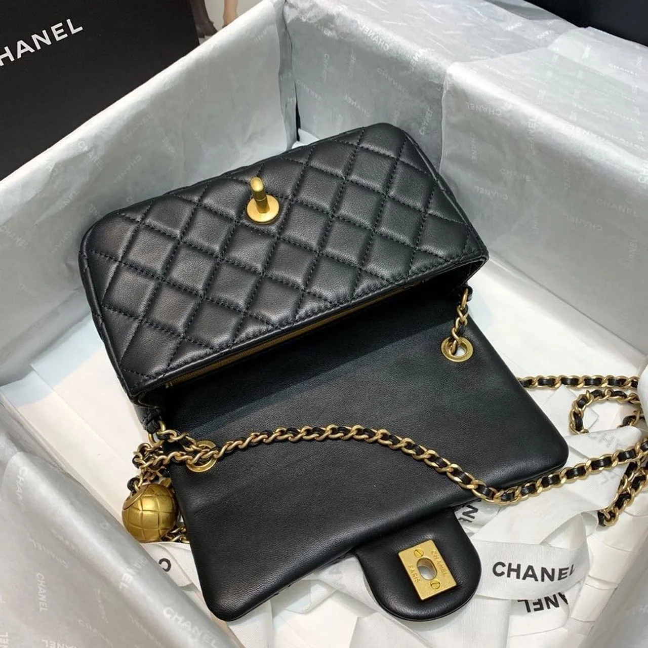 Chanel Flap Bag With CC Ball On Strap Black For Women, Women’s Handbags, Shoulder And Crossbody Bags 7.8in/20cm AS1787