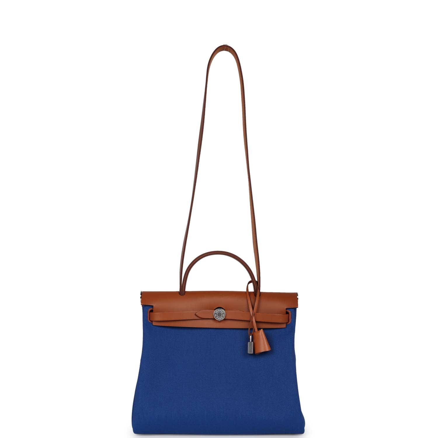 Hermes Herbag Zip PM 31 Bleu France Toile H Fauve Vache Hunter Palladium Hardware