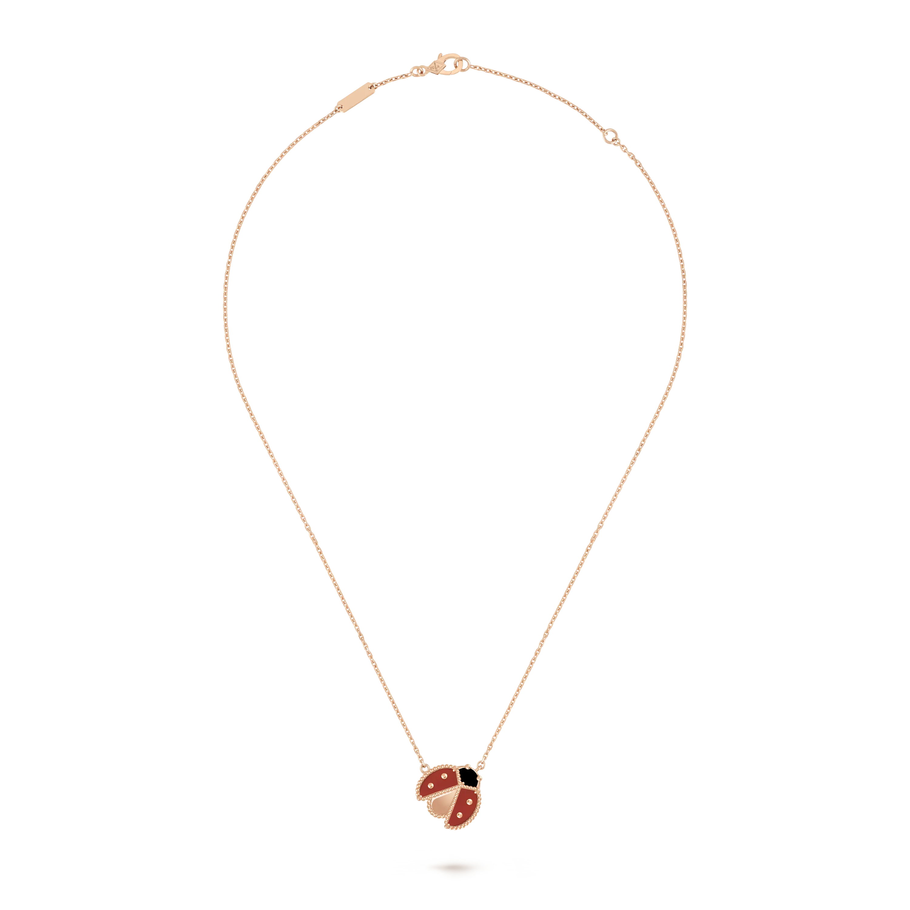 Lucky Spring Necklace, ladybug with spread wings rose gold, carnelian, onyx