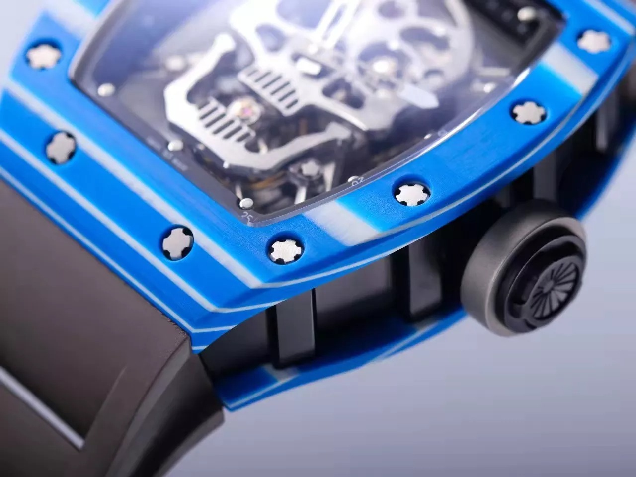 RM 52-01 Skull Black Dial Blue Bezel Black Rubber Strap JB Tourbillon