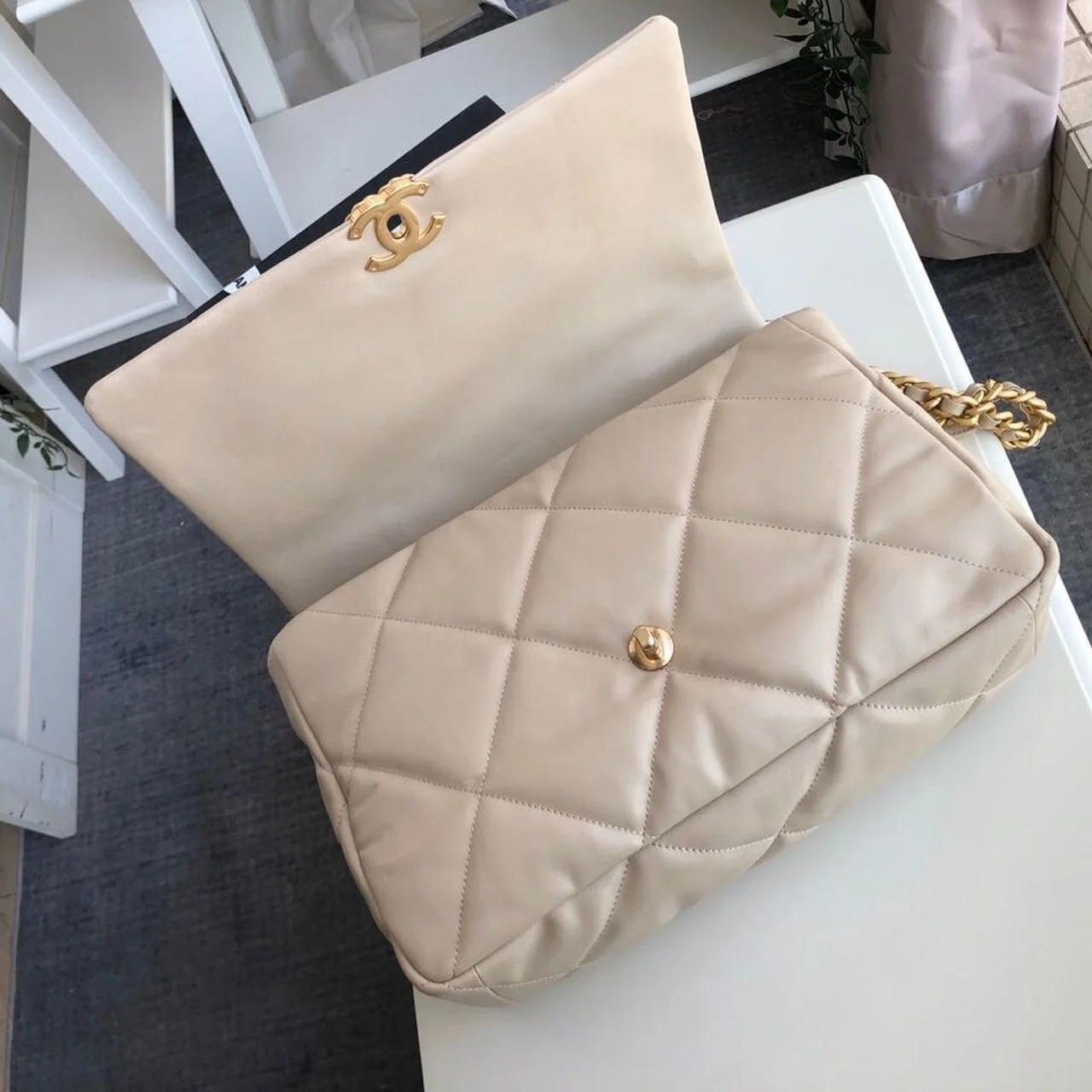 Chanel 19 Maxi HandBag Beige For Women 14in/36cm