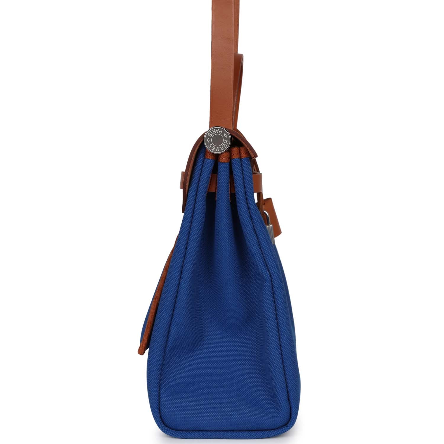 Hermes Herbag Zip PM 31 Bleu France Toile H Fauve Vache Hunter Palladium Hardware