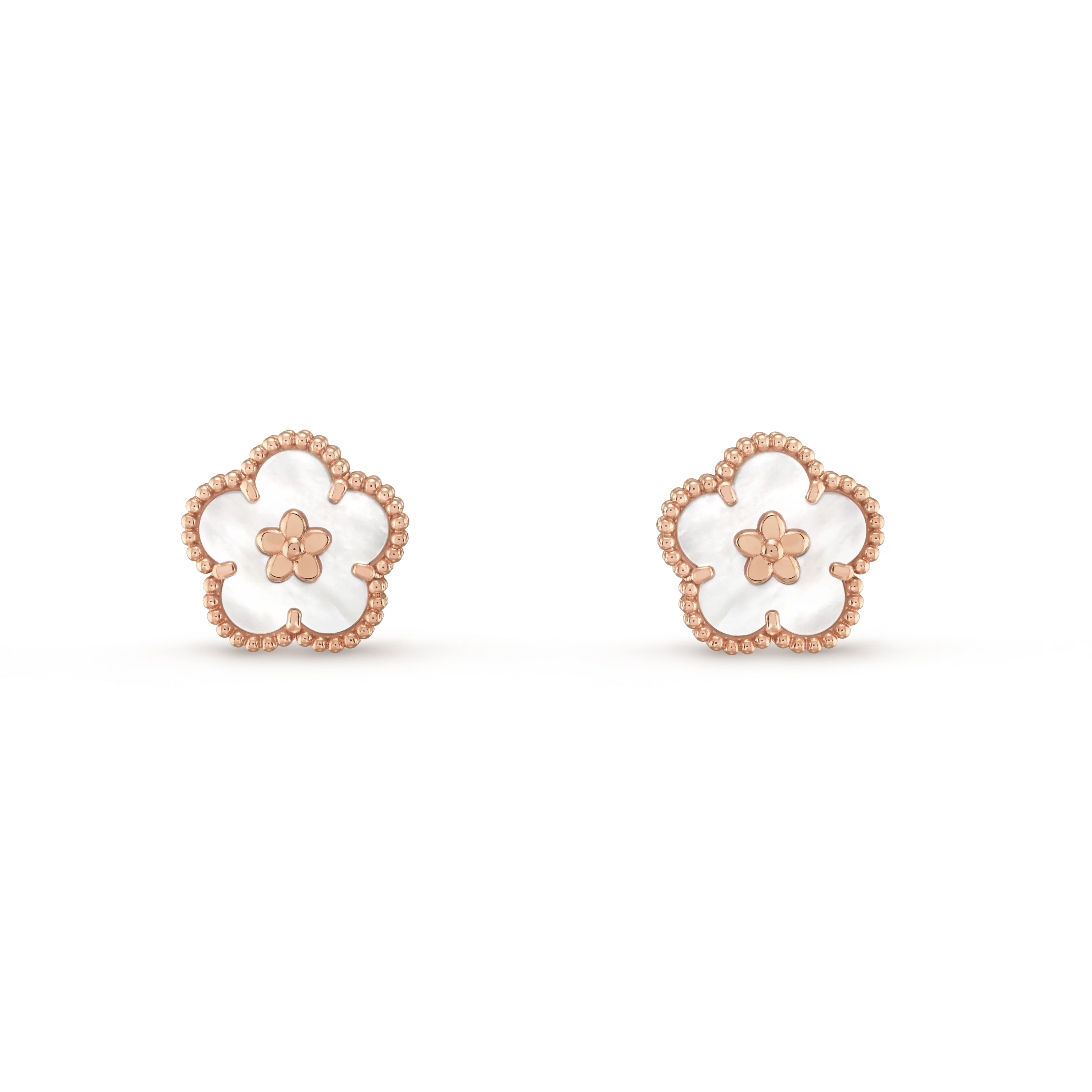 Lucky Spring earrings, plum blossoms, rose gold, white mother-of-pearl.