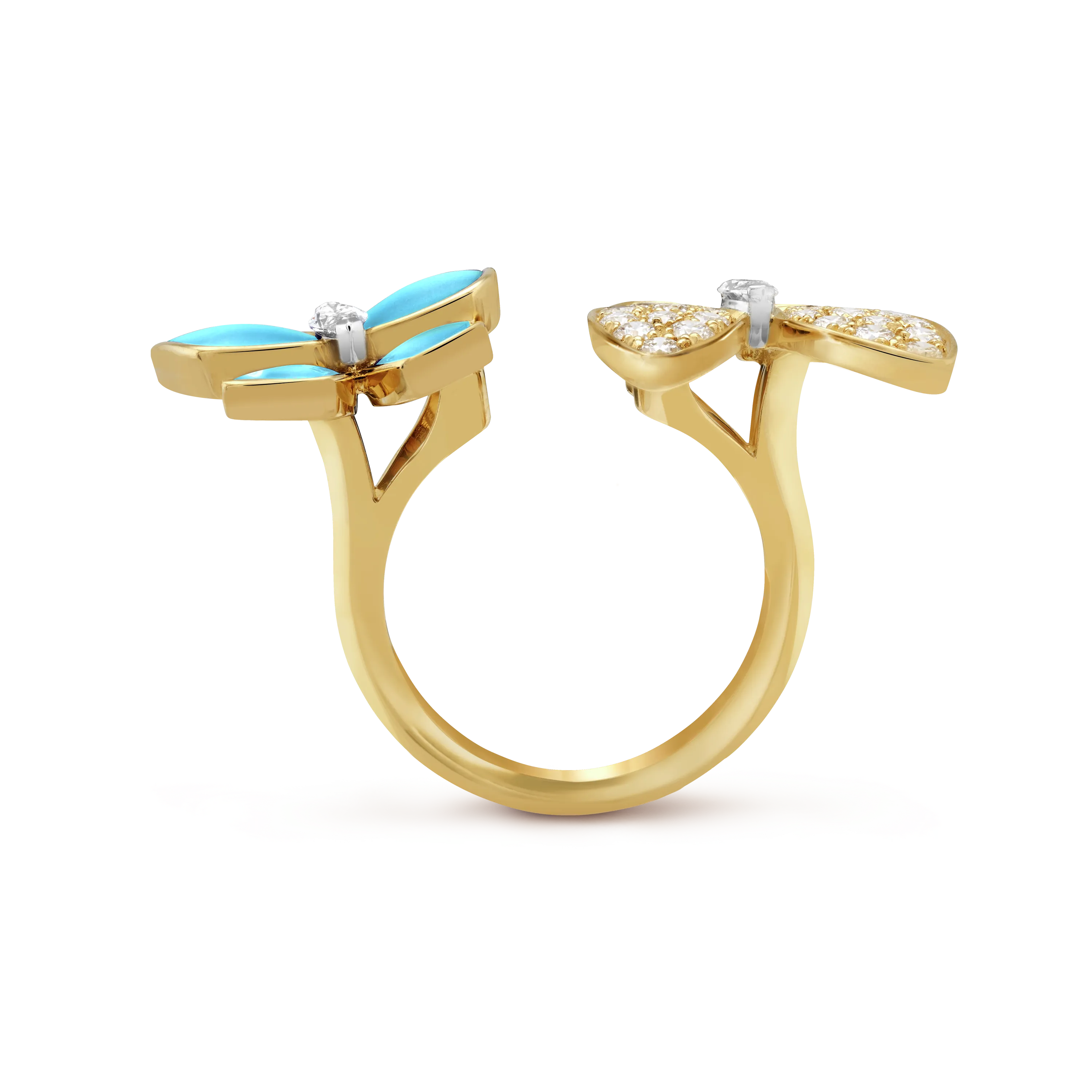 Two Butterfly Between the Finger ring yellow gold, Diamond