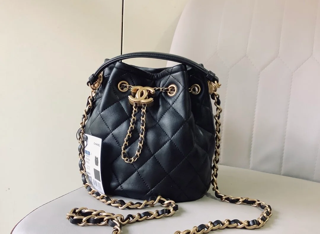 Chanel Classic Bucket Bag Gold Toned Hardware Black For Women 7.8in/20cm