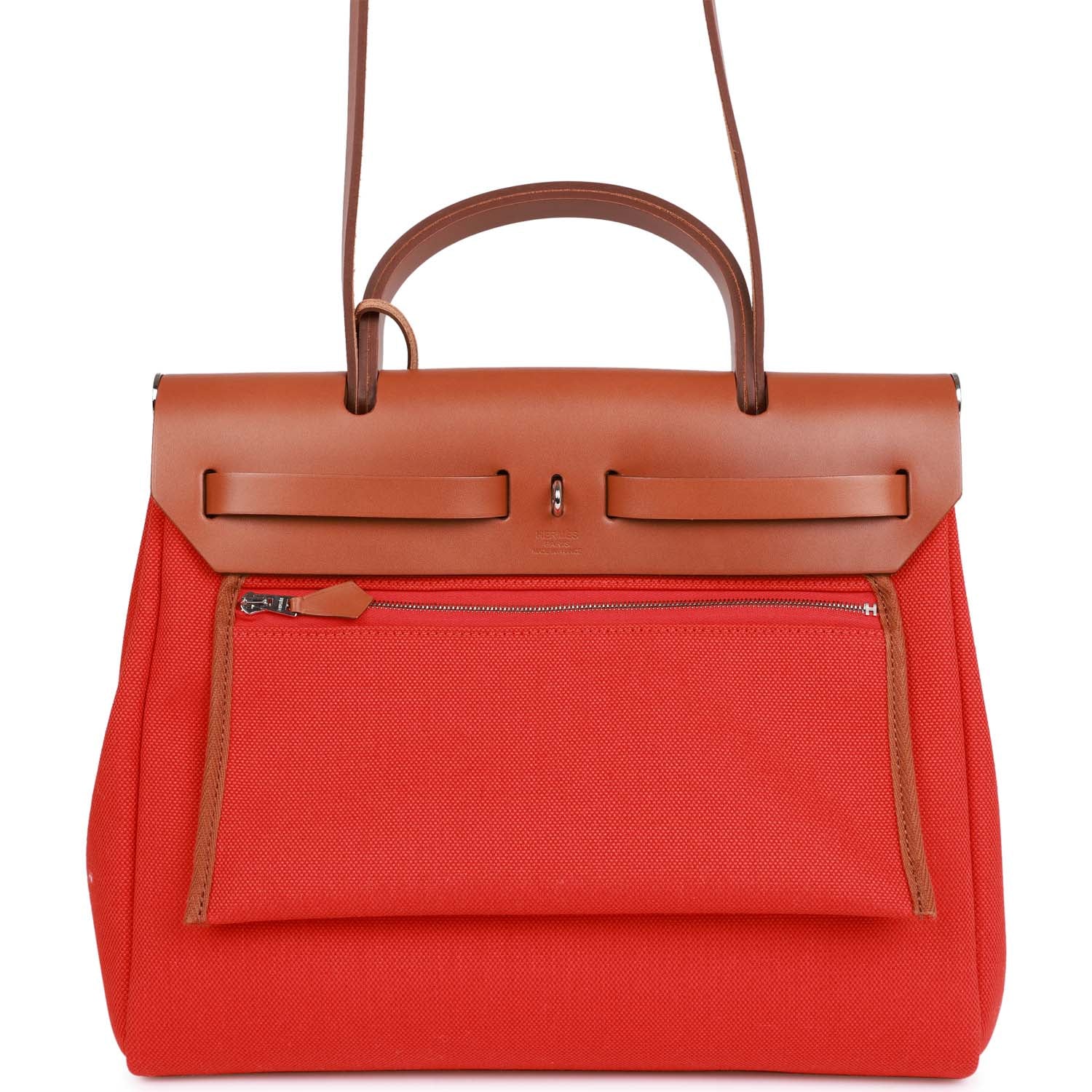 Hermes Herbag Zip PM 31 Capucine Toile H Berline Vache Fauve Hunter Naturel Palladium Hardware