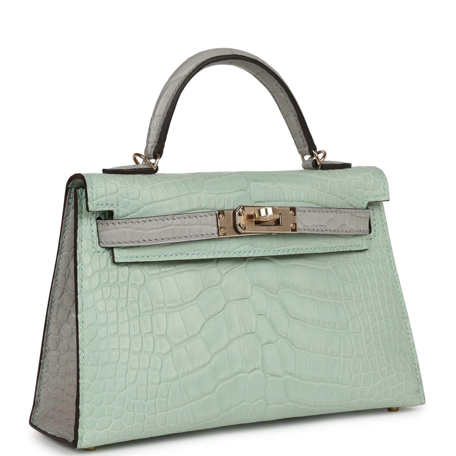 Hermes Special Order (HSS) Kelly Sellier 20 Vert D'Eau and Gris Perle Matte Alligator Permabrass Hardware