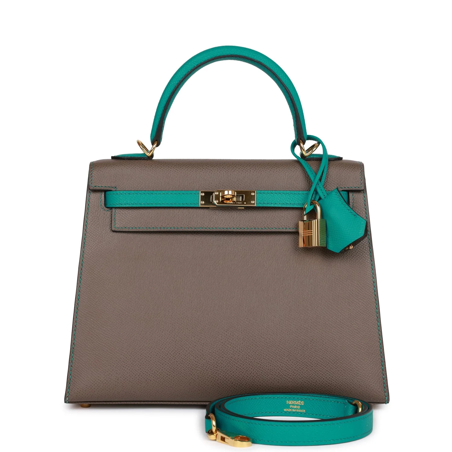 Pre-owned Hermes Special Order (HSS) Kelly Sellier 25 Etain and Bleu Paon Epsom Gold Hardware