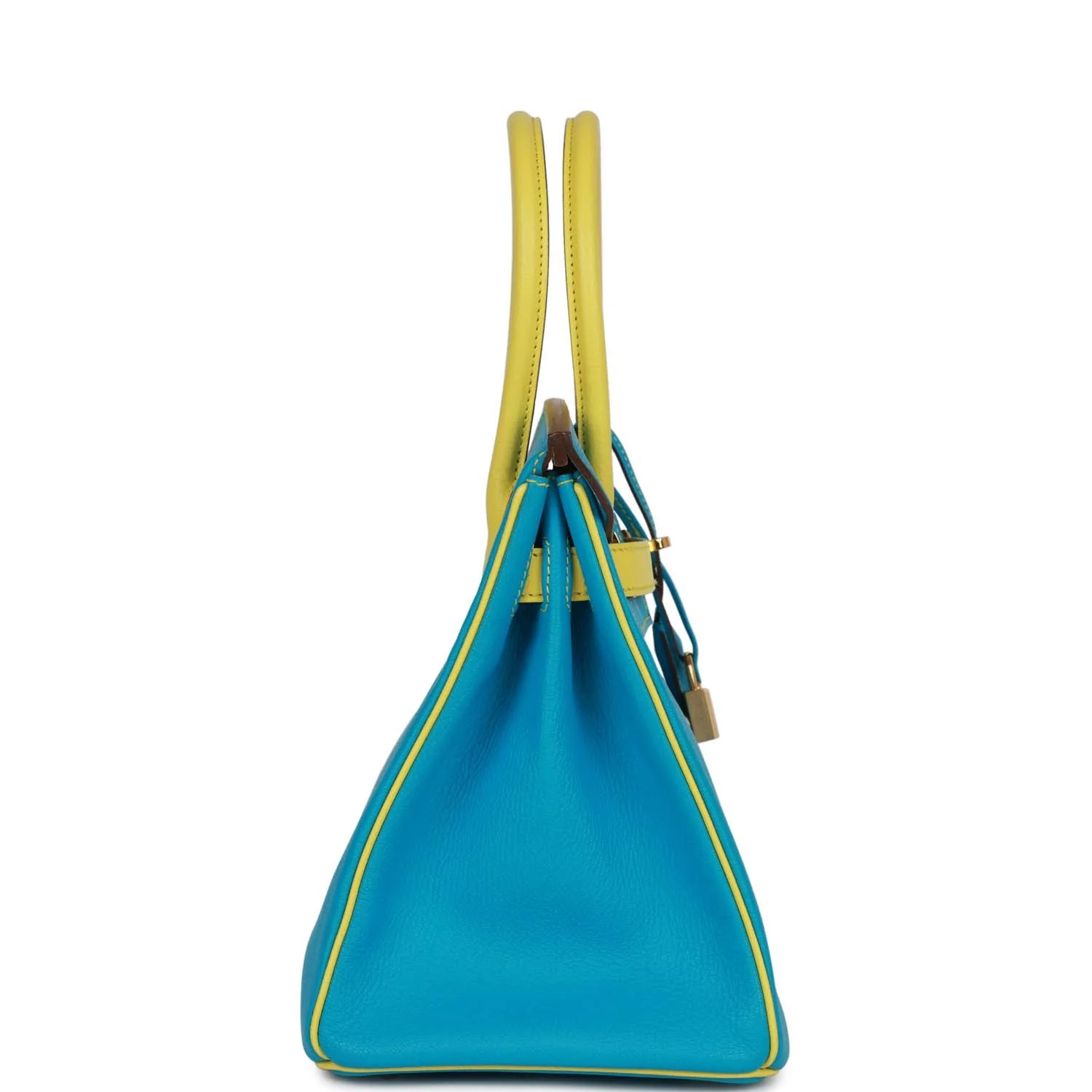 Pre-owned Hermes Special Order (HSS) Birkin 30 Bleu Turquoise and Lime Chevre Gold Hardware