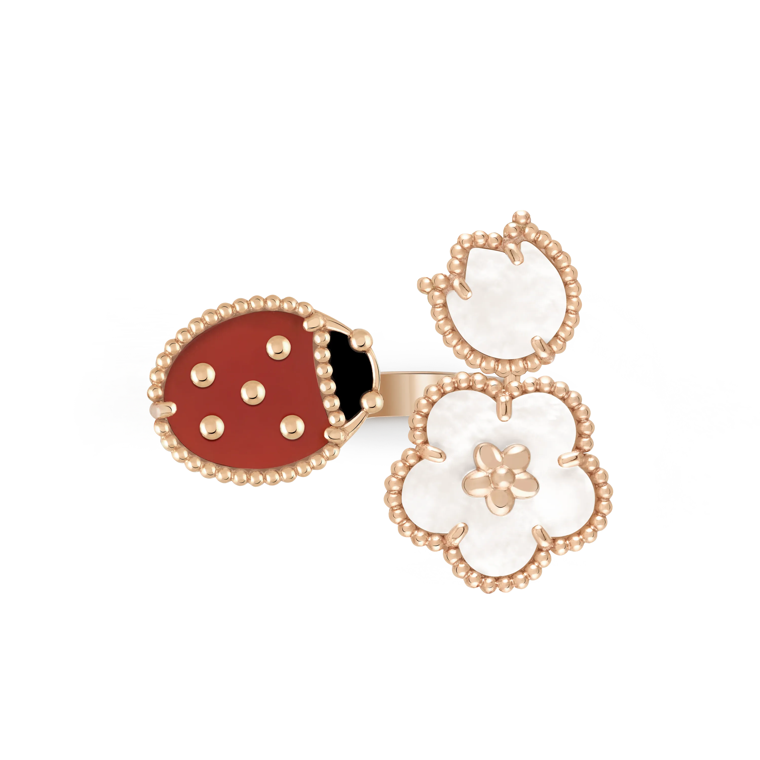 Lucky Spring Finger Ring rose gold, mother-of-pearl, carnelian, onyx