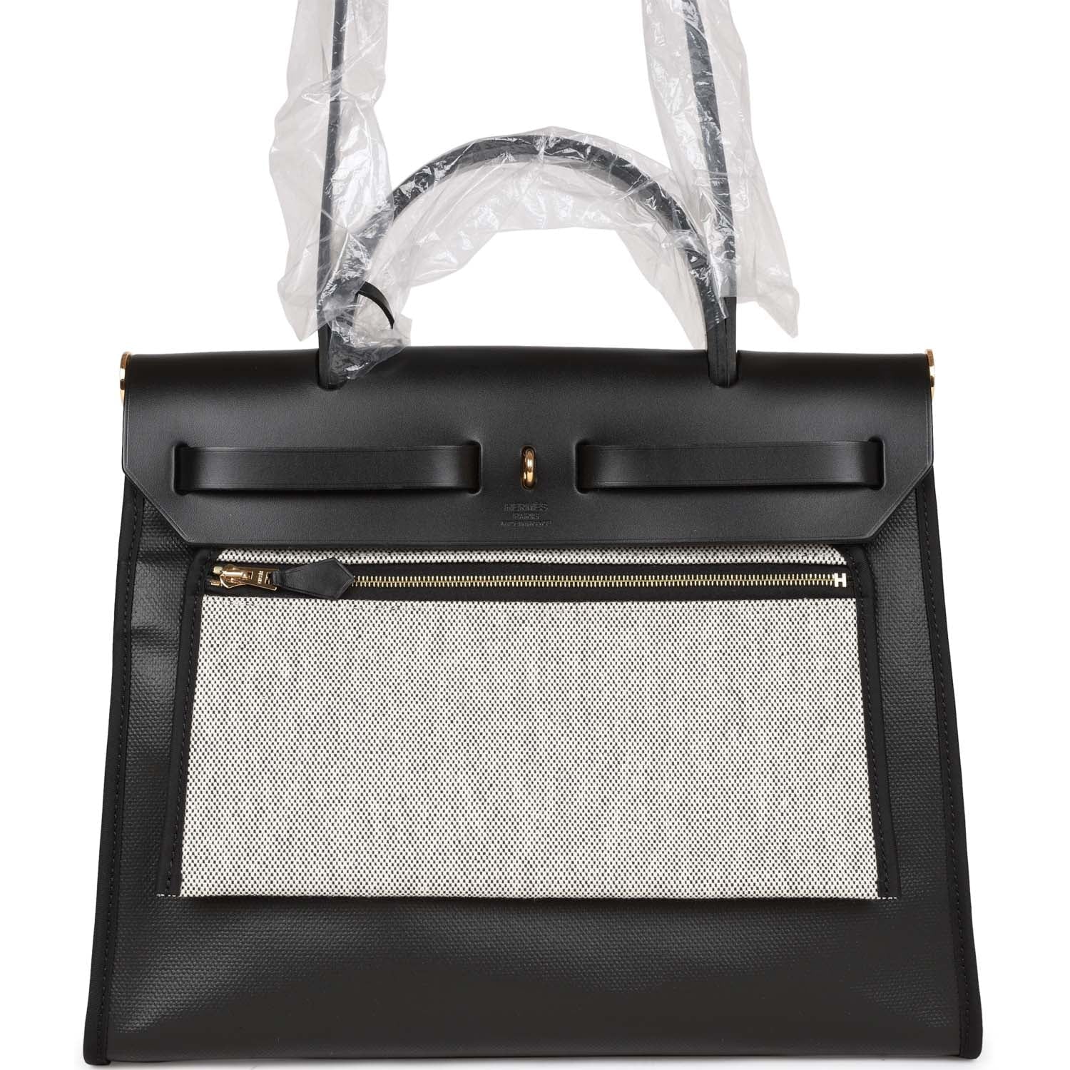 Hermes Herbag Zip PM 31 Black and Ecru Toile H Berline Vache Hunter Gold Hardware