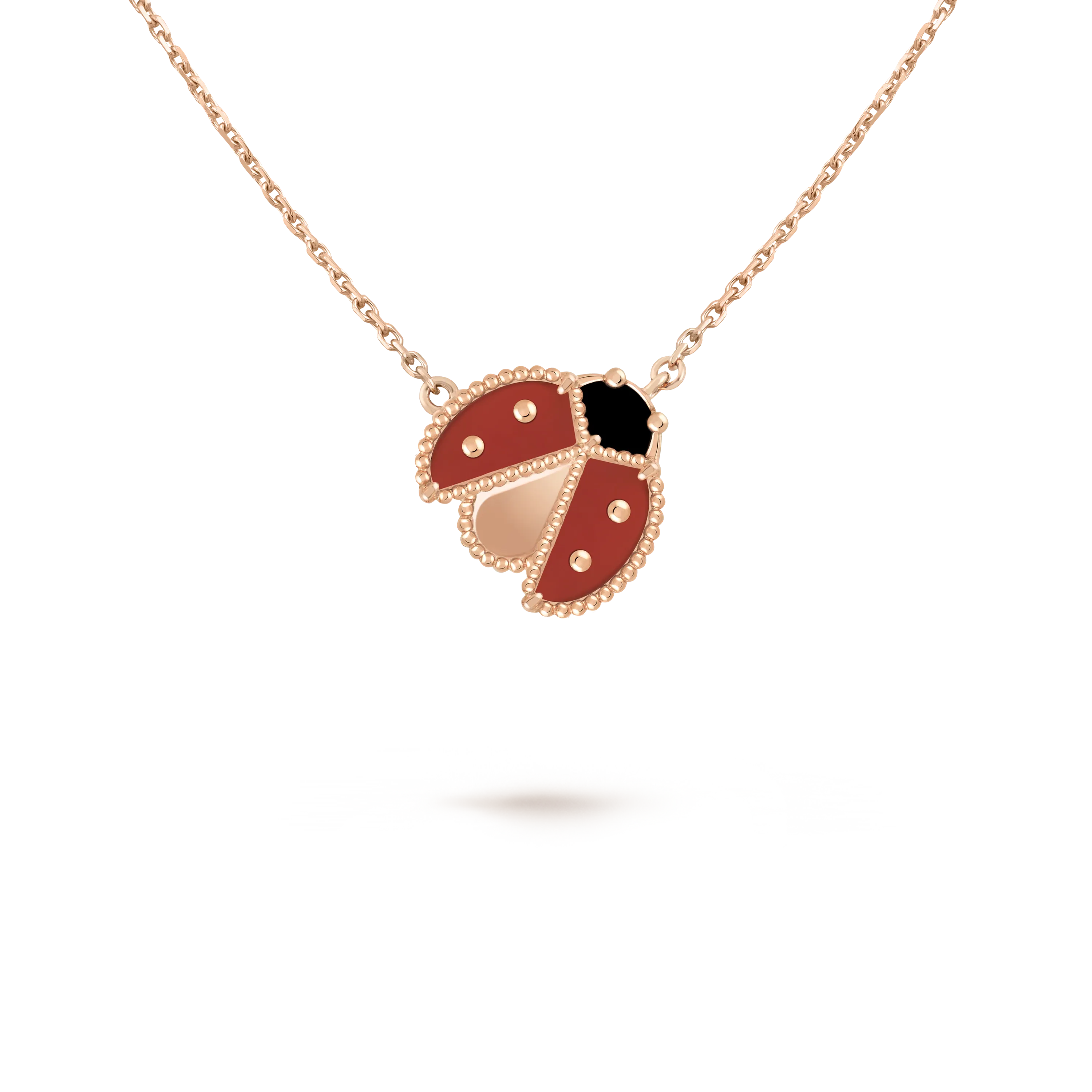 Lucky Spring Necklace, ladybug with spread wings rose gold, carnelian, onyx