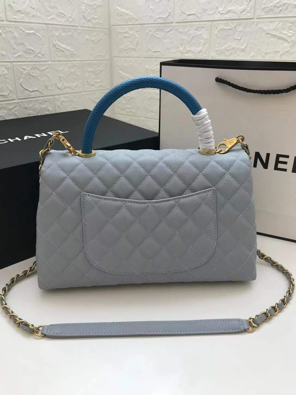 Chanel Large Flap Bag With Top Handle Light Grey For Women, Womens Handbags, Shoulder And Crossbody Bags 11in/28cm A92991