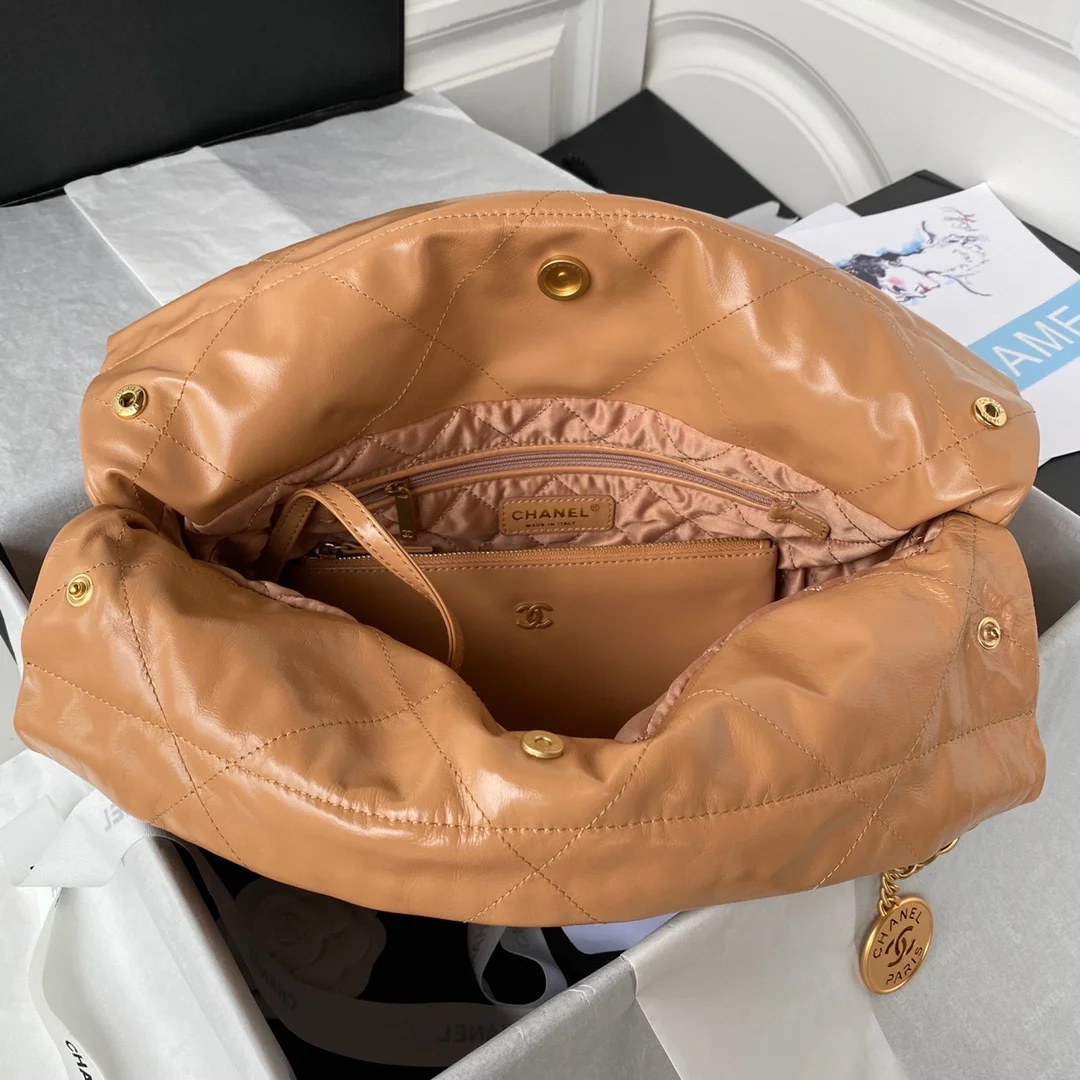 Chanel 22 Handbag Gold Hardware Shiny Camel For Women, Women’s Handbags, Shoulder Bags 16.5in/38cm AS3261 B08037 NB356