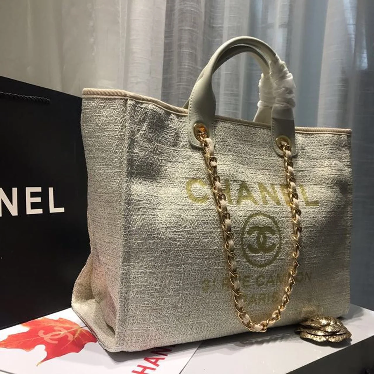 Chanel Deauville Tote Tweed Canvas Bag Fall/Winter Collection, Beige/Cream/Gold/Multi For Women 15in/38cm