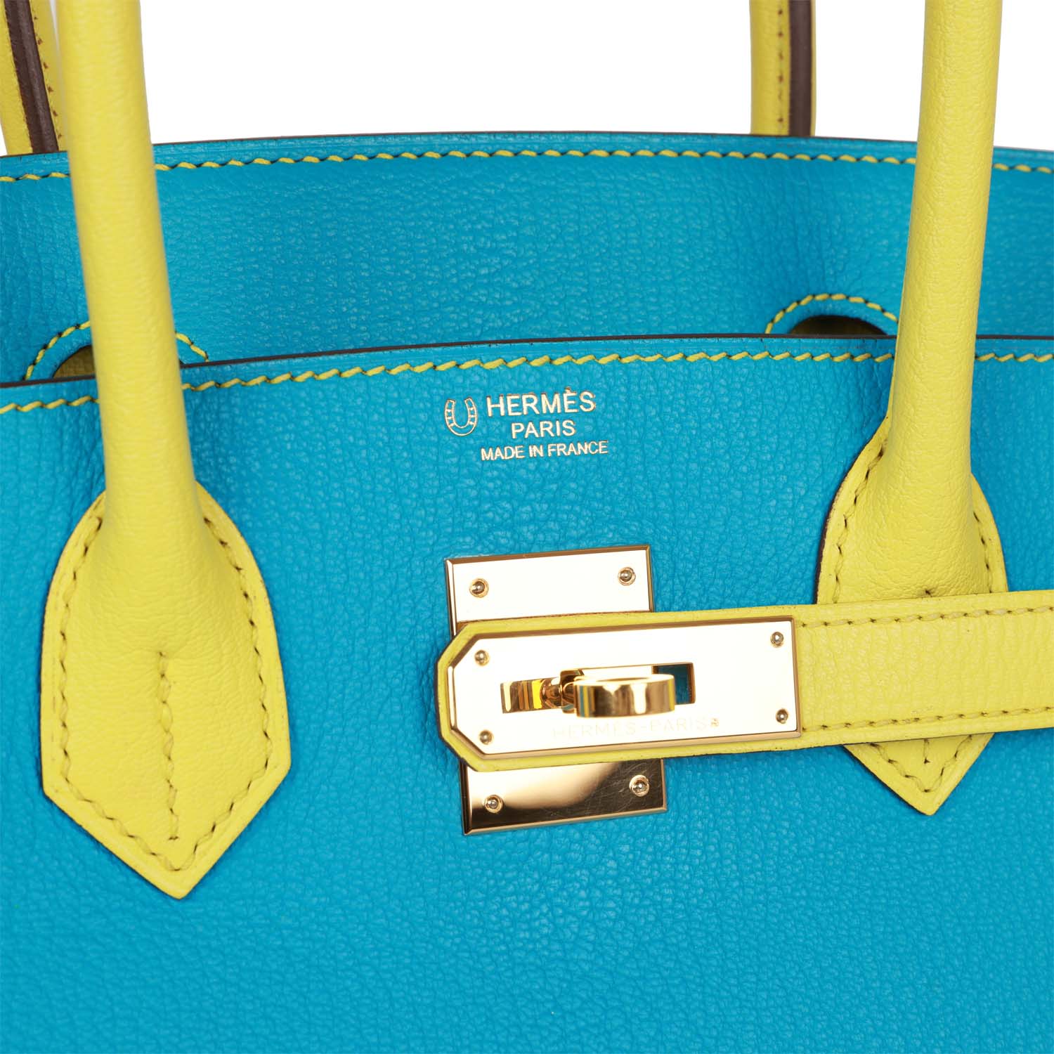 Pre-owned Hermes Special Order (HSS) Birkin 30 Bleu Turquoise and Lime Chevre Gold Hardware