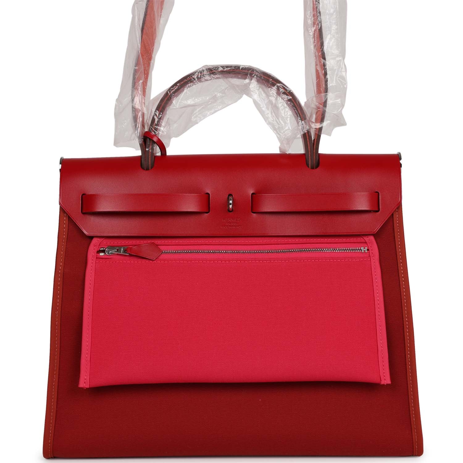 Hermes Herbag Zip 31 Rouge Venetian/Rouge Piment/Rose Extreme Toile H and Vache Hunter Palladium Hardware
