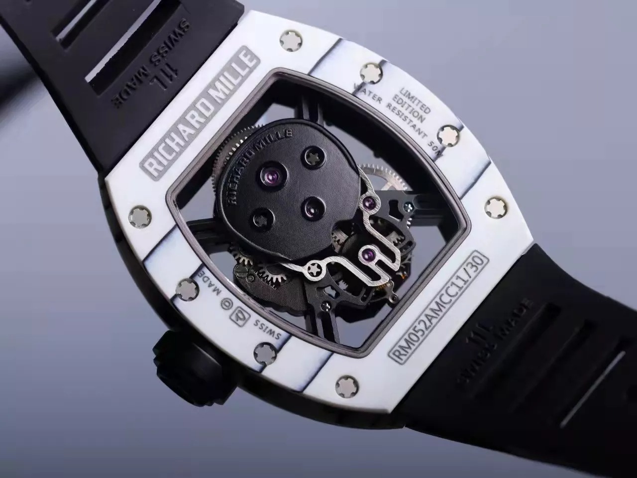 RM 52-01 Skull Black Dial White Bezel Black Rubber Strap JB Tourbillon