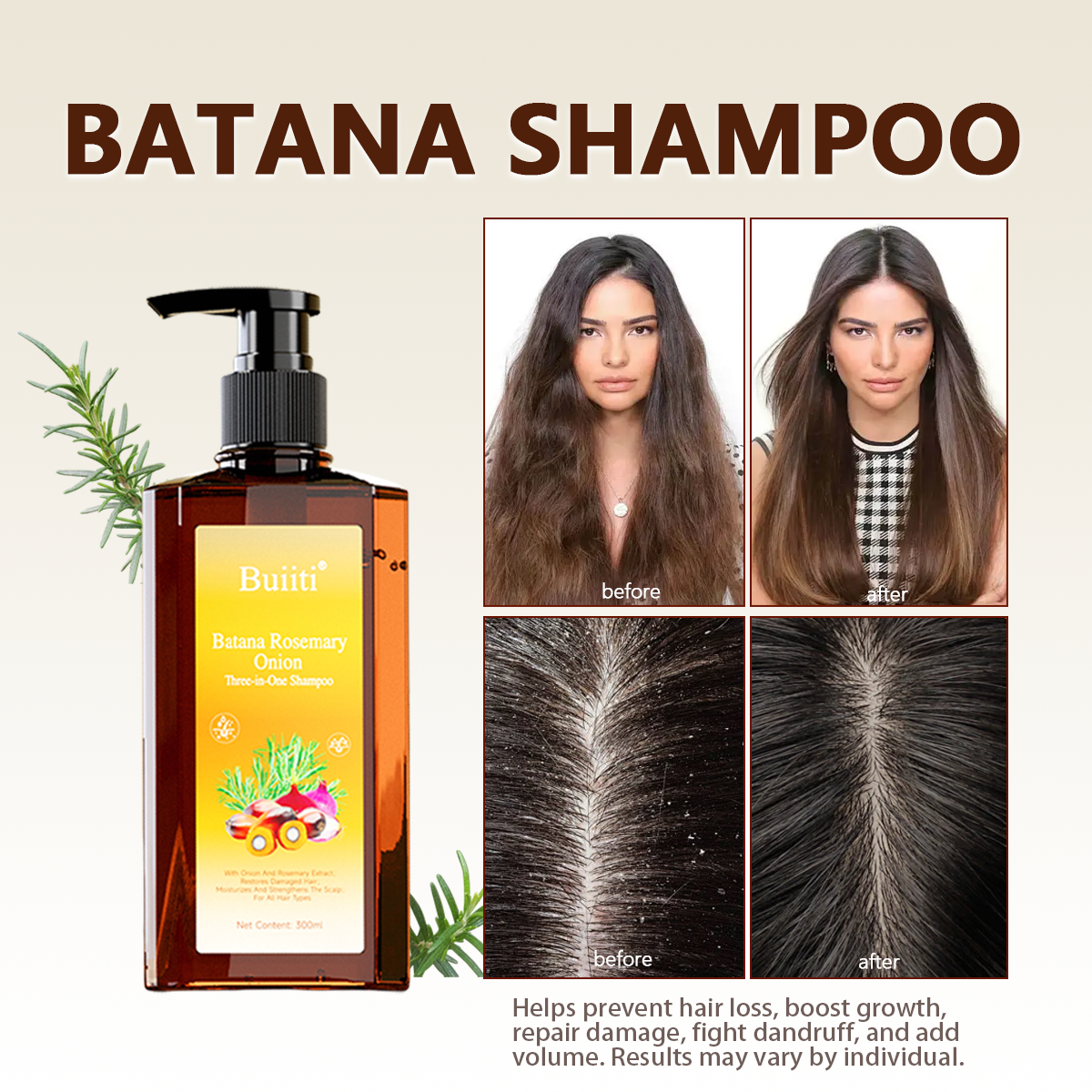 Buiiti Batana Rosemary & Onion 3-in-1 Shampoo – For All Hair Types | Nourishes, Strengthens, and Promotes Natural Hair Growth | Thickening & Comforting Haircare