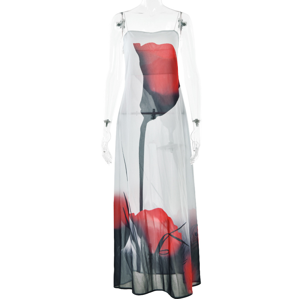 Printed Perspective Strap One Line Neck Long Dress