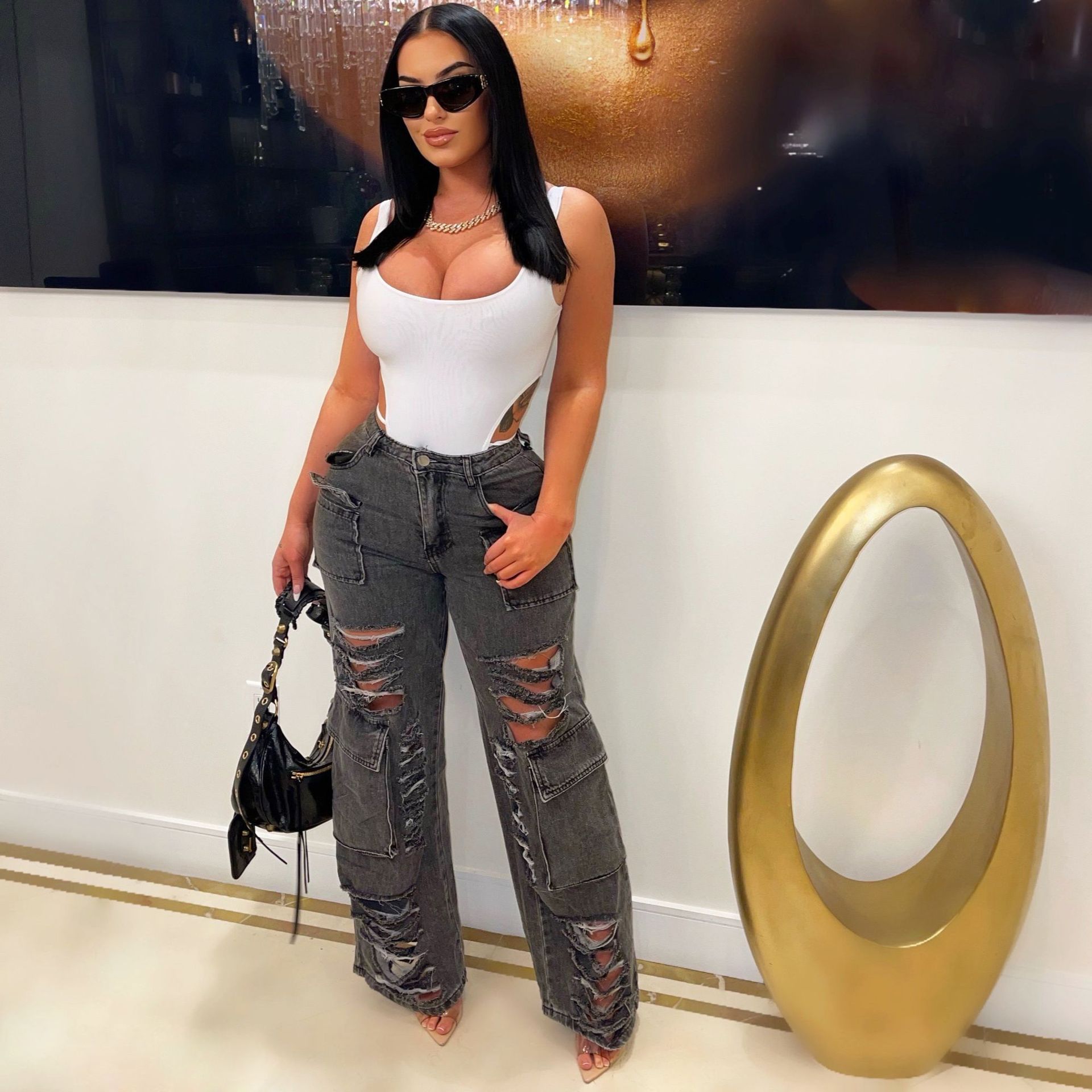 Leisure Perforated Burnt Flower Workwear Bag Micro Horn Denim Pants